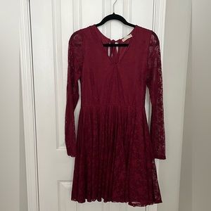 Altar'd State Burgundy Lace Long-Sleeve Fit & Flare Dress
